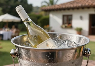 A bottle of chilled white wine in a silver ice bucket, condensation visible, set at a high-end outdoor garden party in a Latin American residence.