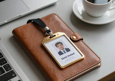 A high-end photograph of a student's workspace featuring a minimalist desk, a leather-bound notebook, and a coffee cup. A professional student ID card with gold accents is placed neatly on the table. Sophisticated Mediterranean office vibe.