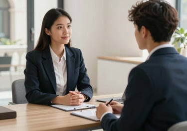 A professional photograph of a one-on-one meeting between a career advisor and a student in a bright, modern office. Both are dressed in business attire. The environment is clean and sophisticated, with Mediterranean architectural details visible.