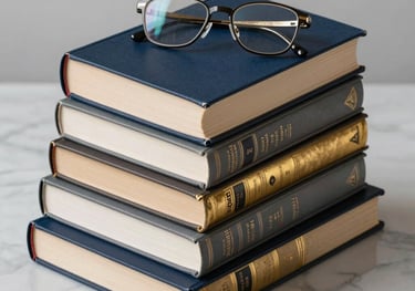 A high-quality still life photograph of several hardcover academic textbooks stacked on a marble surface. The books are in shades of navy, grey, and gold. A pair of elegant spectacles rests on top of the stack.