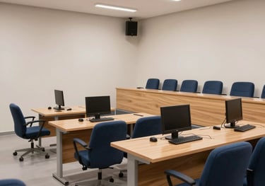 A photograph of a modern lecture hall at Smart Institute Cyprus. The room is equipped with ergonomic seating in navy blue, light wood desks, and advanced audio-visual equipment. The design is minimal and premium.