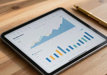 A close-up photograph of a professional digital tablet lying on a wooden desk next to a gold pen. The screen displays a clean, modern academic dashboard with graphs and charts. Cypriot morning light creates soft shadows across the desk.