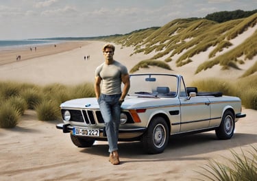 Alex mit seinem BMW Oldtimer Cabriolet am Strand