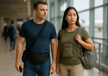 A travel-ready couple stands in a modern airport terminal. The man wears a navy t-shirt, jeans, and a black crossbody bag wit