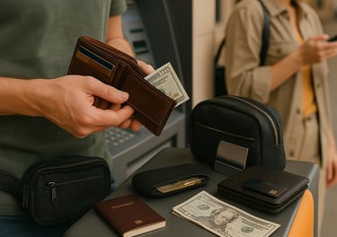 A man stands at an indoor ATM holding an open brown wallet with visible cash and cards. A black money pouch is strapped aroun