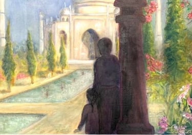 Father and child admiring Taj Mahal view
