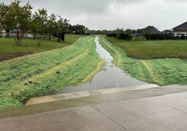 Grassy drainage with water runoff.