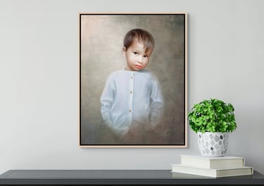 a portrait of a young boy in a white shirt