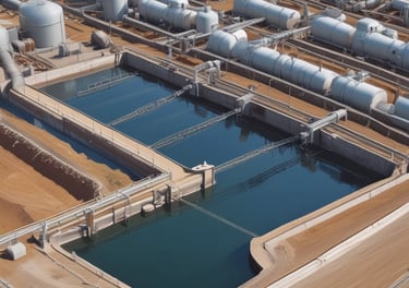 A water treatment plant with clear tanks and piping systems surrounded by greenery.