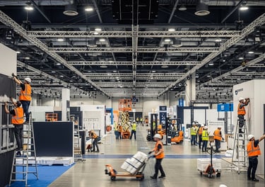 Construction workers in safety vests setting up booths in a large exhibition hall for a trade show.