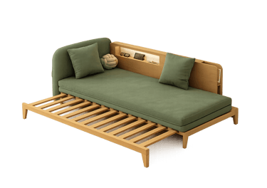 Convertible Wooden Daybed with Green Cushions – Multifunctional Sofa Bed