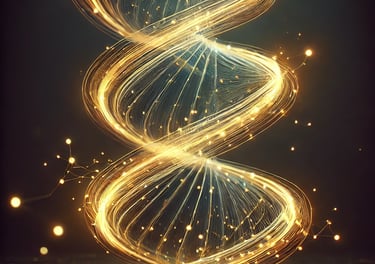 Illustration of a DNA sequence emitting light, spiraling vertically