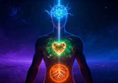 "Human energy alignment showing sacred geometry mind, heart field and root energy."
