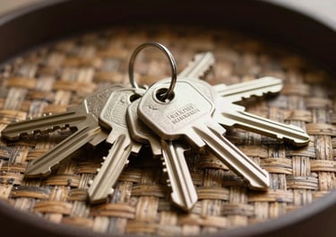 Macro photography of a set of keys on a hand-woven silk tray, symbolizing premium property management and welcoming hospitality in Rabat.