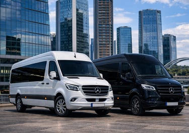 Balti ir juodi Mercedes-Benz mikroautobusai miesto verslo kvartale
