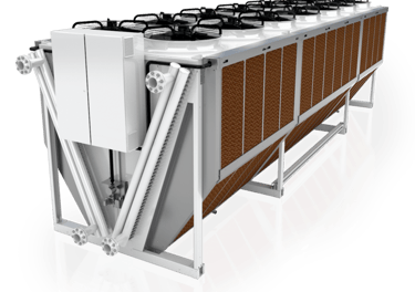 Industrial adiabatic dry cooler with cooling pads and axial fans for HVAC systems.