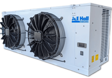 White J&E Hall industrial refrigeration condensing unit with dual fans for cellar cooling.