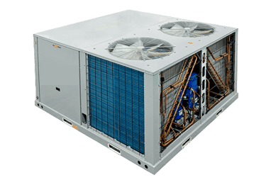 Industrial rooftop HVAC unit featuring dual fans, cooling coils, and internal piping.