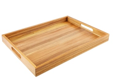 A wooden tray made from rich acacia wood with rounded corners and side handles