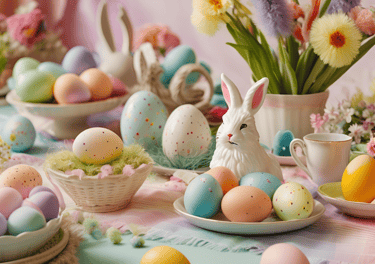 Easter Eggs, Bunny Decorations, Spring-Themed Table Centrepieces, Chocolate Bunnies, Candy, Easter 