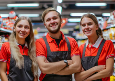 trys parduotuves darbuotojai su polo marškinėliais