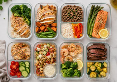 high protein meal prep containers with chicken, rice and vegetables for weekly meal prep