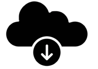 Black cloud computing icon with a white downward arrow symbol for data downloa