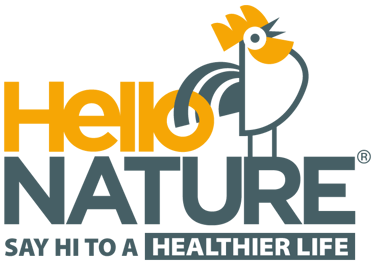 Hello Nature logo with a yellow rooster and the slogan Say Hi To A Healthier Life.