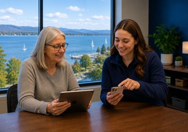 Burlington tech support expert helping customer with smartphone and tablet device care