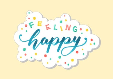 Watercolor feeling happy sticker with colorful confetti dots and blue script lettering.