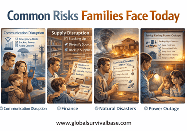 Infographic showing common family risks including communication disruption, supply issues, natural disasters, and power