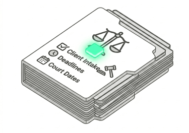Isometric legal case folder icon featuring client intake, deadlines, and court dates for law firm management.
