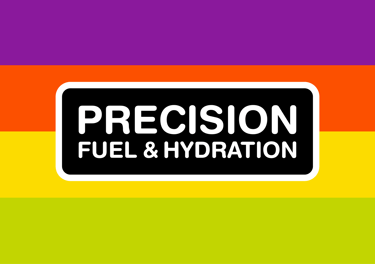 Precision Fuel and Hydration logo on a colorful background with purple, orange, yellow, and green stripes.