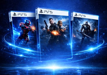 Three PlayStation 5 game cases featuring action, sci-fi, and fantasy characters against a glowing blue galaxy background.