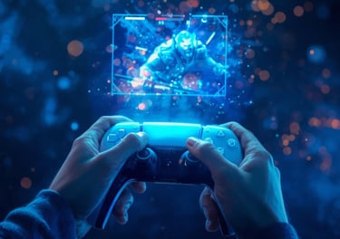 Gamer holding a wireless controller playing an immersive blue holographic action video game.