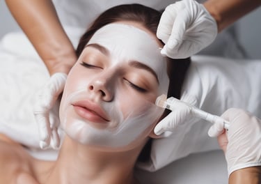 Relaxing facial treatment scene with soft lighting and elegant decor in shades of pink and white.