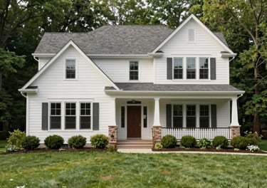 An exterior architectural photo of a well-maintained family home in Greater Chicagoland, US. Clean lines and grounded forest green foliage under soft daylight portray stability, comfort, and integrity.