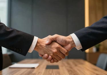 An authentic handshake between two people in a warmly styled conference office in Greater Chicagoland, US. The aesthetic features clean lines, dark slate finishes, and warm gold accents.