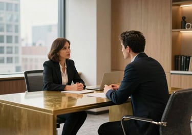 A professional real estate consultation in a modern office in Greater Chicagoland, US. Soft natural light illuminates clean architectural lines, warm gold desk details, and dark slate seats, reflecting an atmosphere of deep trust and reassurance.