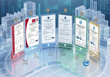 Display of  industrial manufacturing quality certificates and ISO compliance documents in a digital 