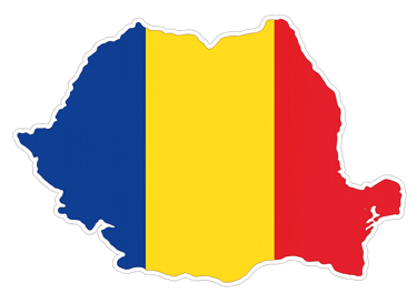 Map of Romania shaped with the blue, yellow, and red tricolor flag on a black background.