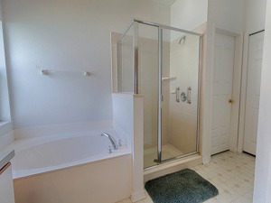 a bathroom with a bathtub and a shower