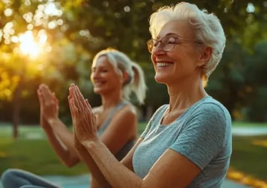 Smiling senior women practicing outdoor yoga and meditation in a sunny park at sunset.