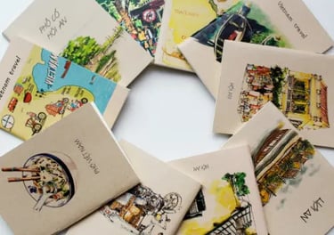 Collection of Vietnam travel journals featuring watercolor illustrations of Hoi An and Pho.
