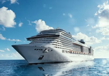 Luxury cruise ship sailing on calm blue ocean water under a bright sunny sky.
