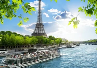 Eiffel Tower view from a Seine River cruise boat in Paris with green leaves in the foreground.