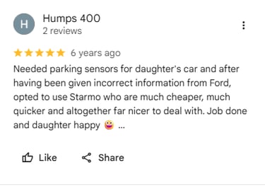 Customer review for parking sensors – fast affordable service by Starmo Auto Electrics