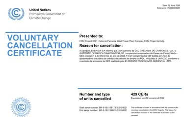 Official United Nations UNFCCC Voluntary Cancellation Certificate for carbon credits from a wind power project.