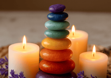 Galets colorés représentant les chakras dans une ambiance zen et spirituelle
