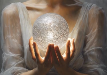 une femme tient une boule lumineuse en cristal dans ses mains